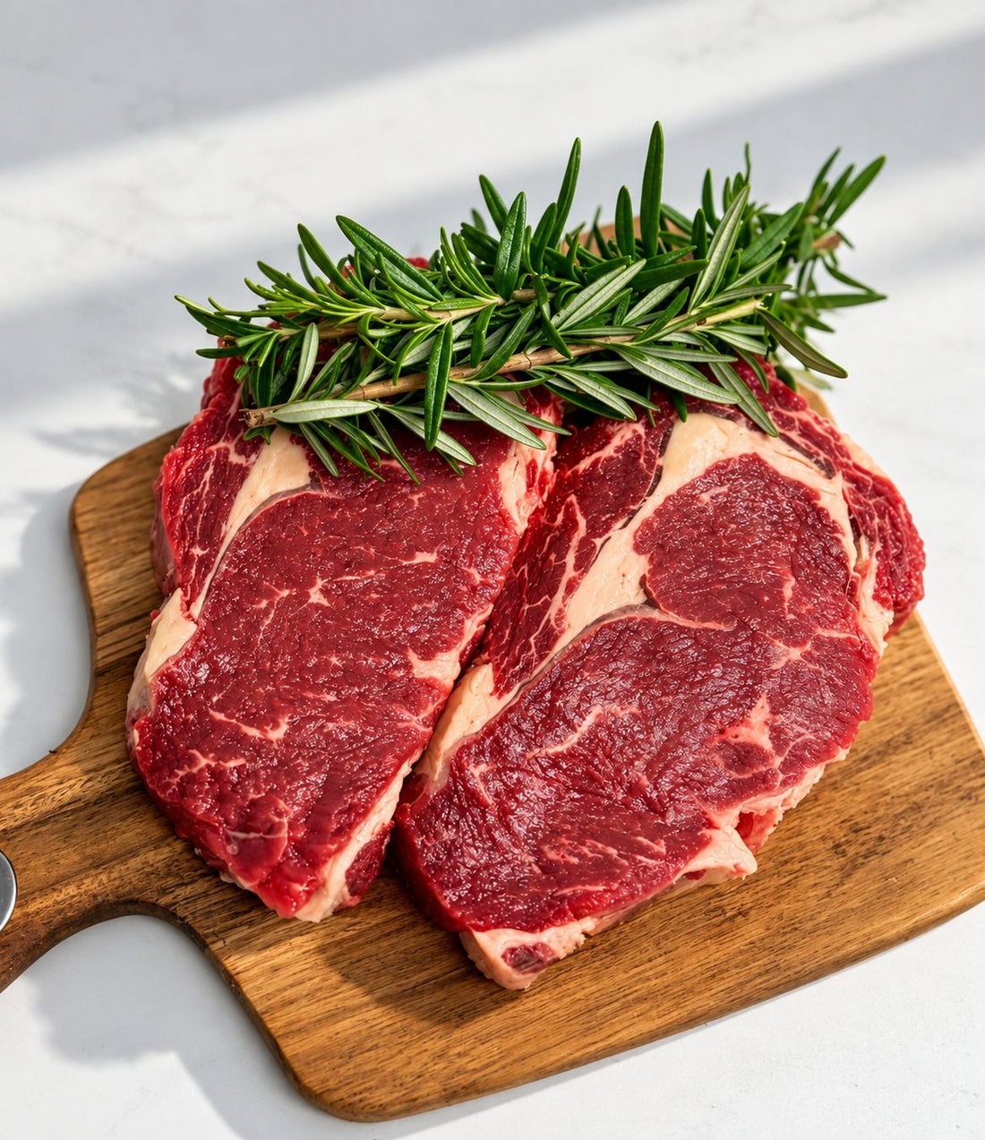 Two thick-cut beef steaks on a wooden board with fresh rosemary