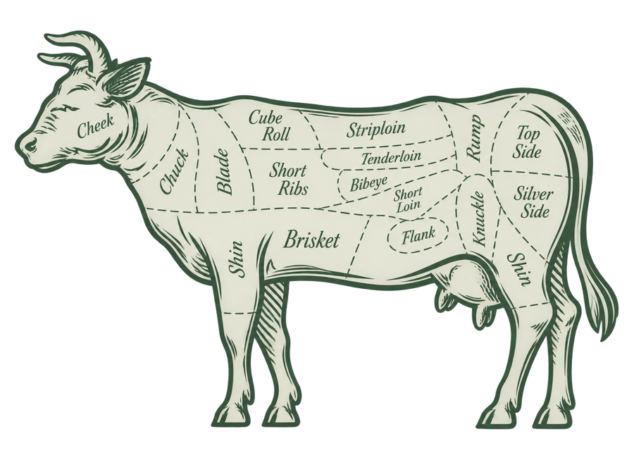Diagram of a beef carcase showing the primal cuts: cheek, chuck, blade, cube roll, striploin, tenderloin, ribeye, short loin, short ribs, brisket, flank, knuckle, rump, top side, silver side and shin